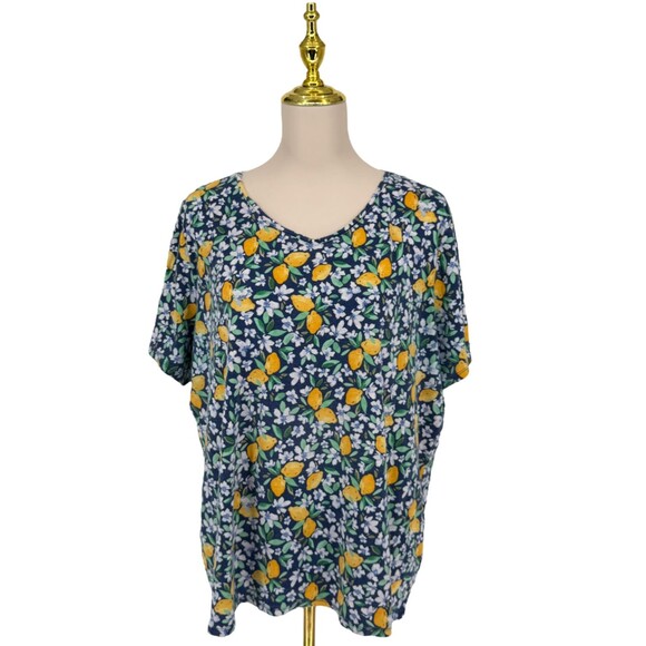 Croft & Barrow Classic Tee Women 2X Short Sleeve Blue Cotton Lemons Floral Shirt - Picture 2 of 11